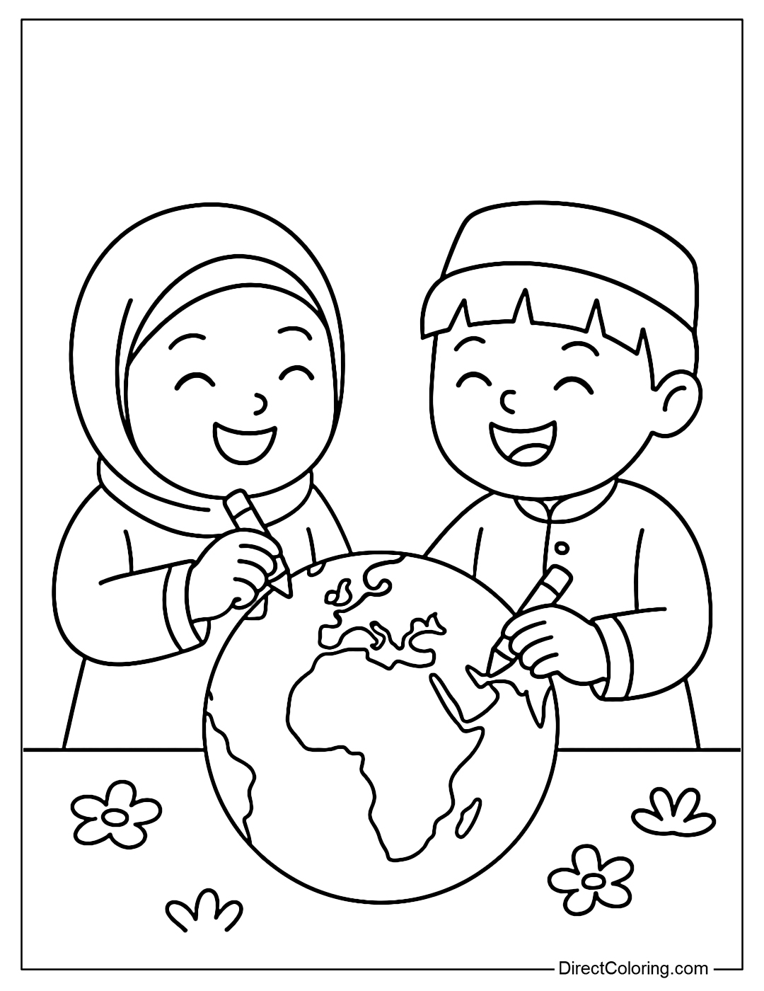 A coloring page of two children wearing different traditional costumes smiling and coloring a globe together.